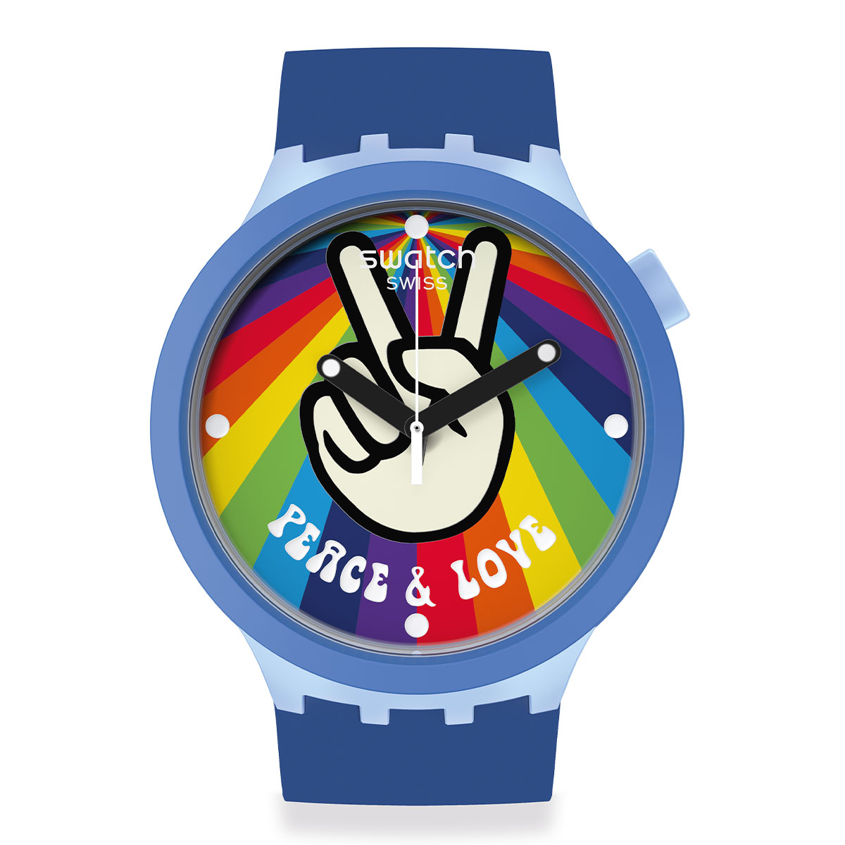 Reloj Swatch Unisex Peace Hand Love. Silicona Azul SB03N105